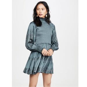 Ulla Johnson Blue Angelica Mock Neck Embroidered Smocked Mini Dress, Size 4